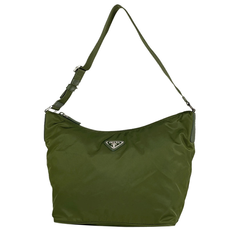 Prada Logo Plate Shoulder Bag Army Green